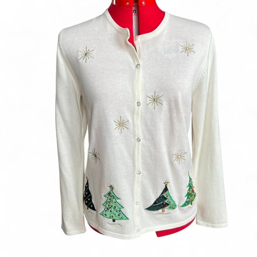 Off White/Cream Christmas Tree Embroidered Button Front Cardigan Beading Large